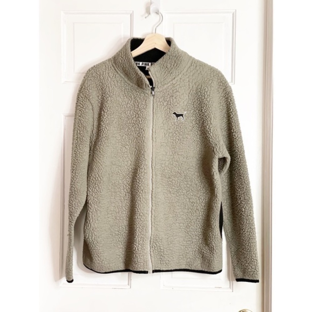 Victoria’s Secret PINK Sage Green Black Dog Logo Sherpa Full Zip Jacket